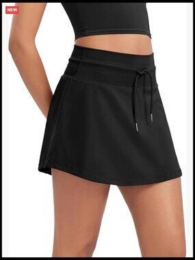 High Waist Drawstring Skort with Ball Pocket, Built-in Shorts, 4-Way Stretch,